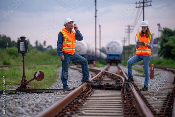 Fototapeta Engineer railway engaged in discussion or inspection maintenance work greenery and gas or oil power industrial or transportation setting in the rail train import export logistics industry concept.