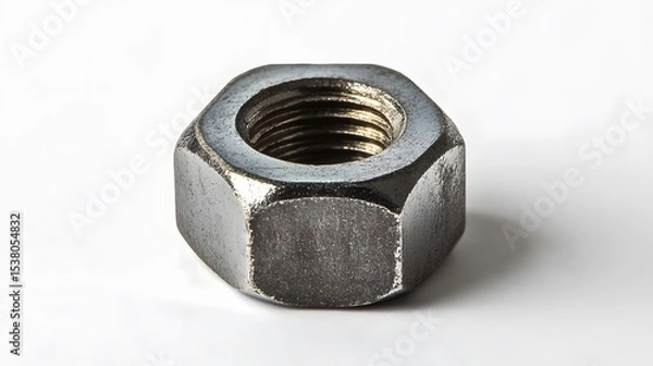 Fototapeta Close up of a single metal hex nut with visible threading on a white surface in a studio setting