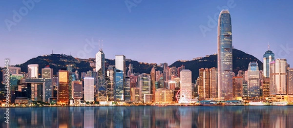 Obraz Hong Kong at night, Financial downtow with skyscrapers