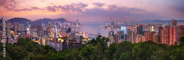 Obraz Hong Kong cityscape with skyscrapers at sunset, panorama