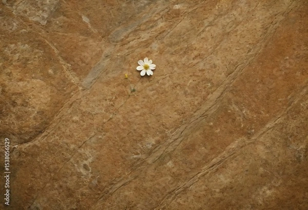 Fototapeta Daisy on Rock Surface: A solitary white daisy rests on a tan rock surface, its delicate petals contrasting with the rugged texture. Ai generated image