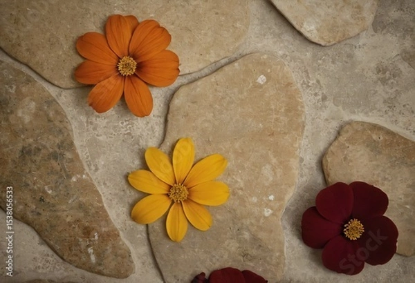 Fototapeta Floral Mosaic on Stone: A captivating composition of vibrant flowers and earthy stones showcases a harmonious blend of natural textures and cheerful colors, perfect for designs. Ai generated image