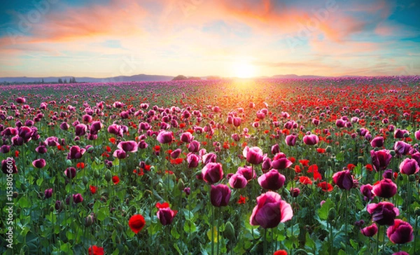 Obraz Purple poppy field at sunset with sun, rural landscpae