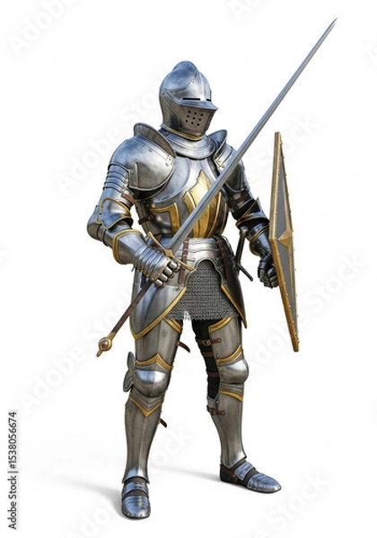 Fototapeta chevalier en armure avec épée et bouclier