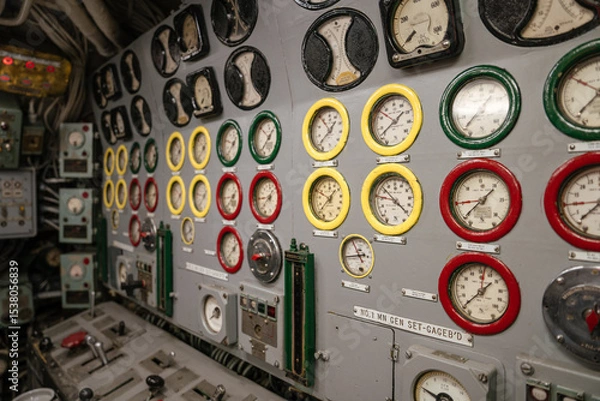 Obraz A submarine control room panel is covered with analog gauges framed in red, yellow, green, and black. The dials show voltage, pressure, and power readings in a tightly organized system.