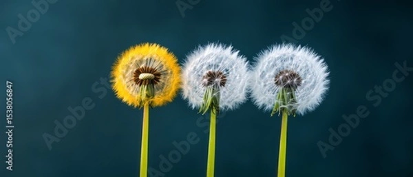 Fototapeta Three Stages of Dandelion Flower Evolution with Vibrant Colors on a Dark Background