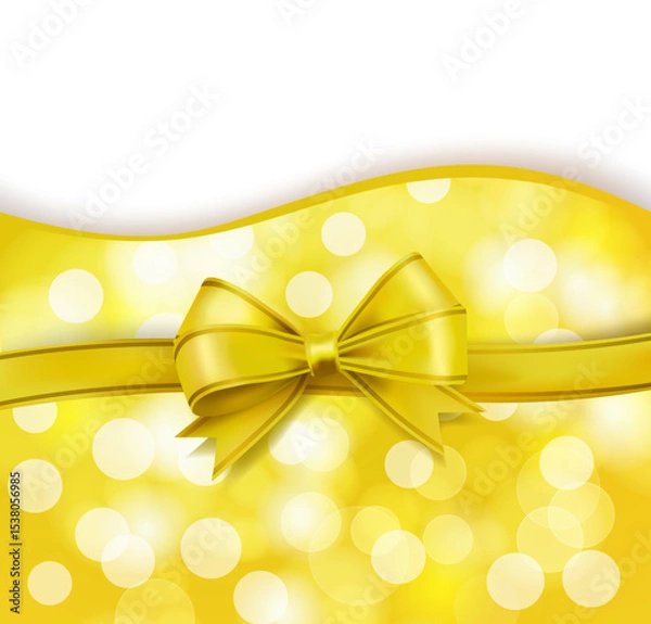 Obraz golden bow and holiday blurry bokeh yellow background, light effects and curve lines. vector illustration