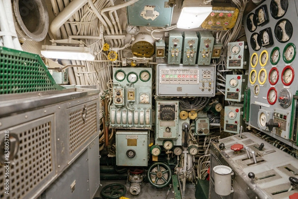 Obraz A complex submarine control room filled with levers, wheels, gauges, switches, and meters. The walls are lined with pipes, wires, and labeled instrumentation for operations and monitoring.