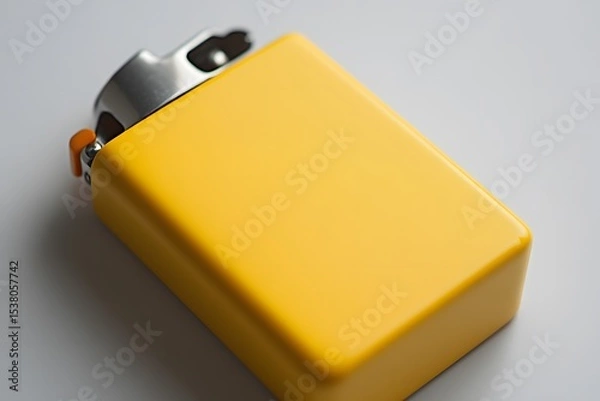 Fototapeta Close up shot of a yellow lighter with silver top on a white surface in a well lit environment