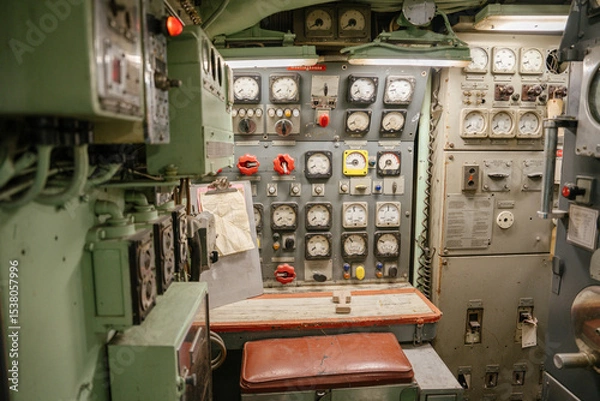 Obraz A vintage submarine control bench is surrounded by analog meters, switches, and red valve handles. Panels and gauges are used for monitoring power, pressure, and engine status.