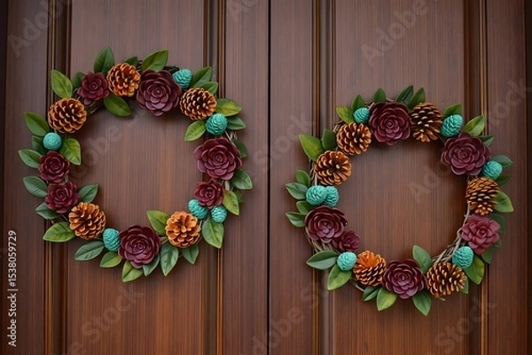 Fototapeta Two identical autumnal wreaths adorn a rich brown wooden door each wreath features burgundy roses pinecones and teal accents creating a warm inviting seasonal display the wreaths are