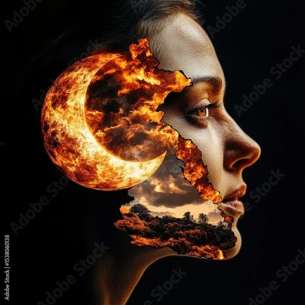 Fototapeta Surreal Portrait of Woman with Moon and Landscape Elements Inside