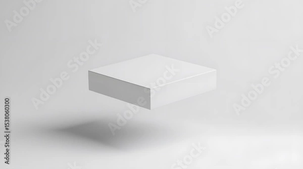 Fototapeta Minimalist white cube hovering in a bright white space casting a soft shadow on the surface below it
