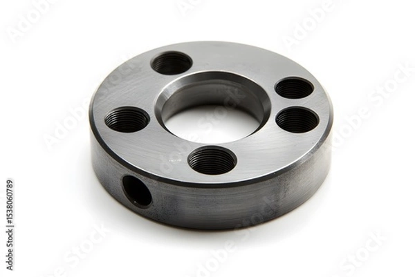 Fototapeta A metal flange with multiple holes is centered on a white background in a studio shot with soft lighting