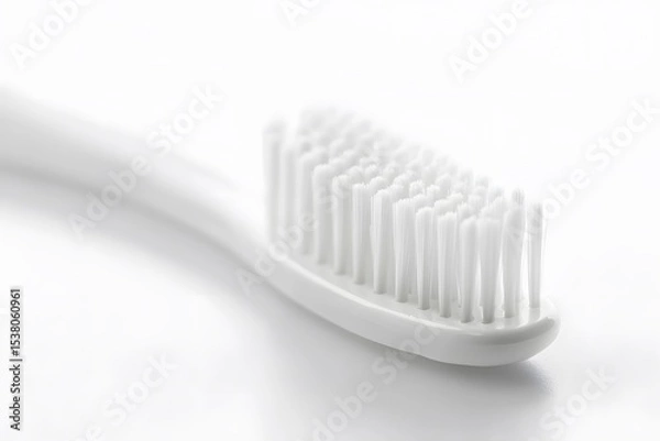 Fototapeta Close up shot of a white toothbrush with soft bristles on a white surface in a well lit environment
