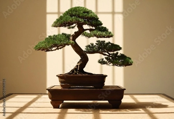 Fototapeta Bonsai Serenity: A meticulously crafted bonsai tree, showcasing its intricate branches and lush foliage, sits serenely on a low stand, bathed in soft sunlight. Ai generated image