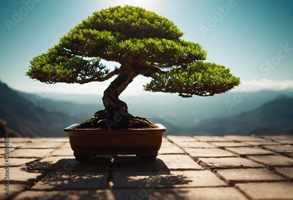 Fototapeta Bonsai Serenity: A majestic bonsai tree, meticulously shaped and cultivated, sits in a stone planter against a backdrop of tranquil mountains, bathed in warm sunlight. Ai generated image