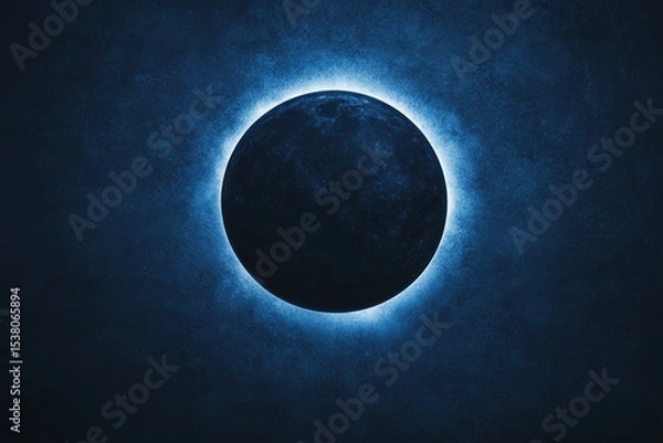 Fototapeta A solar eclipse with powerful spiritual energy radiating from its core, A stunning depiction of a solar eclipse, showcasing a dark orb surrounded by a radiant blue halo against a textured background.