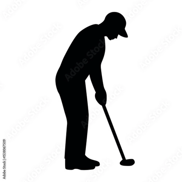Fototapeta Golfer preparing to putt, side view silhouette