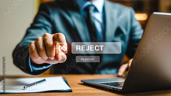 Fototapeta Businessman rejecting email with virtual interface on laptop in office setting
