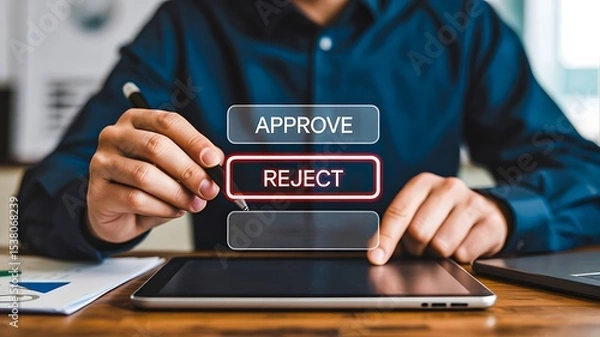 Fototapeta Man pressing reject button on digital interface using tablet in modern office setting
