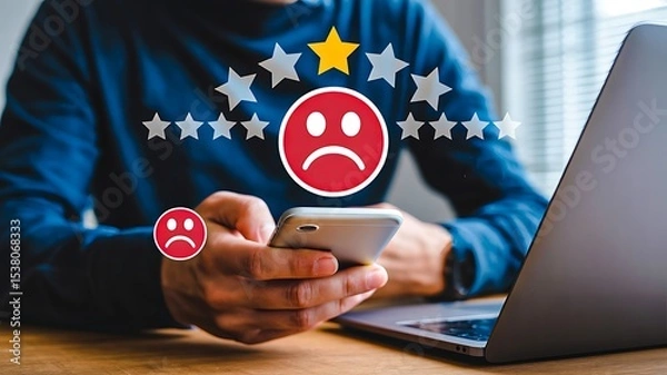 Fototapeta Negative customer review and bad rating on mobile phone showing poor user experience
