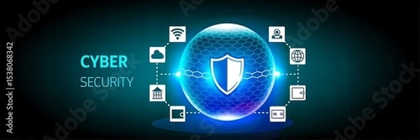 Fototapeta Cyber security shield with network icons for data protection and online safety concept
