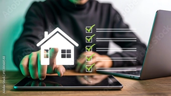 Fototapeta Real estate checklist and house selection on digital tablet for property evaluation
