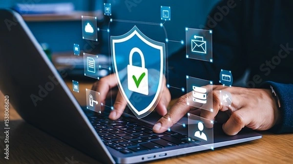 Fototapeta Cyber security protection on laptop with lock icon and digital secure access concept

