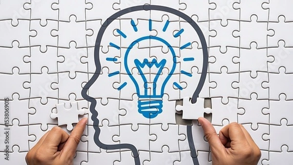 Fototapeta Puzzle head with light bulb symbol representing creative idea and brainstorming
