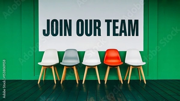 Fototapeta Join our team poster with colorful empty chairs for job recruitment concept
