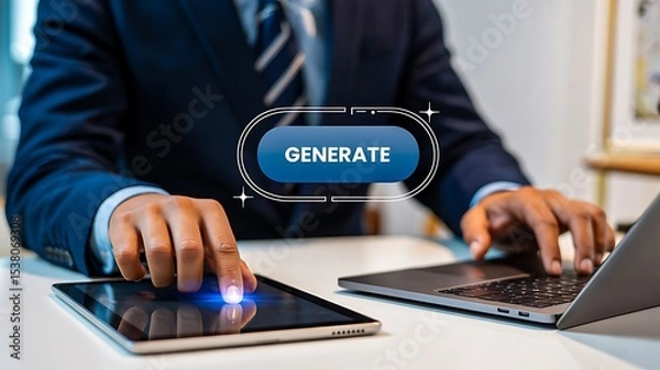 Fototapeta Businessman pressing generate button on tablet with laptop for digital creation
