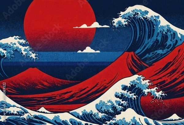 Fototapeta Ocean Waves and Rising Sun: An artistic representation of crashing ocean waves and the rising sun, combining elements of nature. Capturing a sense of serenity and power. Ai generated image
