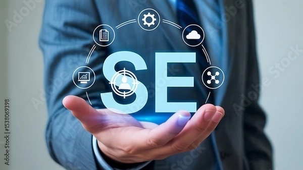 Fototapeta Search engine optimization interface above businessman’s hand for digital marketing strategy
