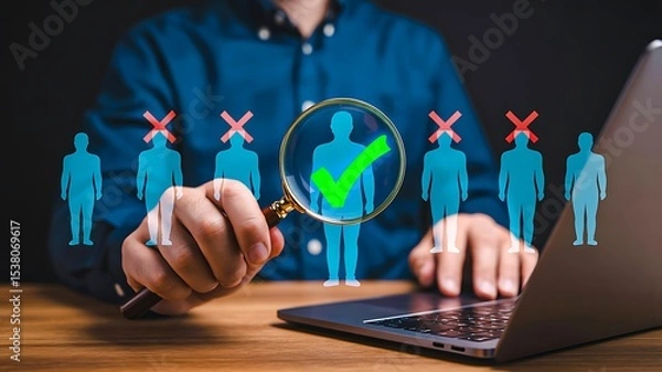 Fototapeta Recruitment and candidate selection with magnifying glass and laptop showing hiring process
