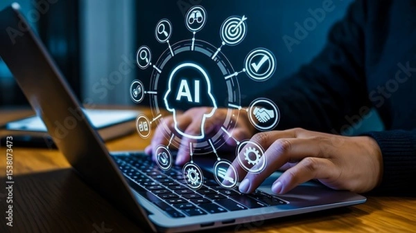Fototapeta Artificial intelligence interface on laptop with digital icons and user interaction concept
