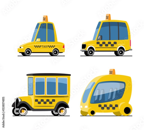 Fototapeta Taxi car cartoon illustration . Included sedan, hatchback, classic and futuristic modern style . Flat design . Isolate on white background . Vector .