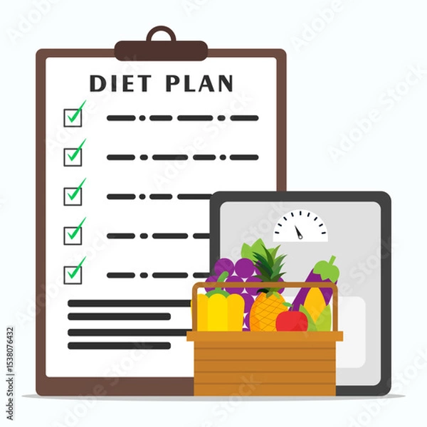 Obraz Diet plan with healthy foods. featuring fruits and vegetables. improving health and nutrition with checklist on clipboard.