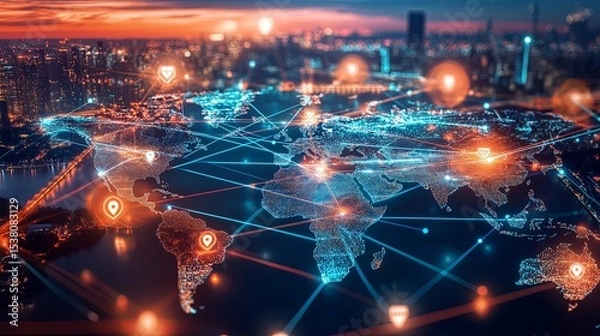 Fototapeta Global industrial network connectivity concept featuring world globe with cargo icons, connected trade routes, regional flags and industrial zones illustrating international logistics