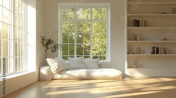 Obraz Modern Minimalist Living Room with Built-in Shelves, White Sofa, and Warm Natural Light 