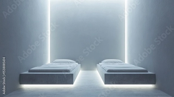 Fototapeta Two separate single beds in a modern minimalistic bedroom with a cold empty gap in between, moody dim lighting creating a distant emotional atmosphere of loneliness, isolation