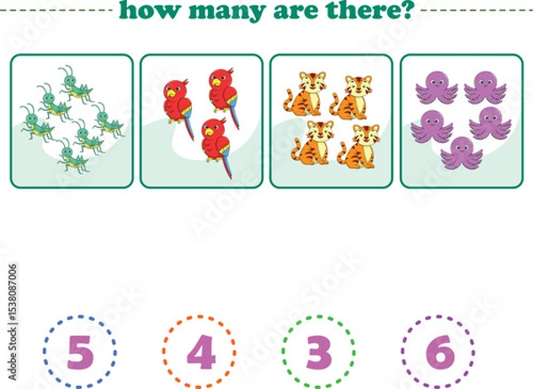 Fototapeta Counting game of wild animals for preschool kids. Printable. Vector Illustration