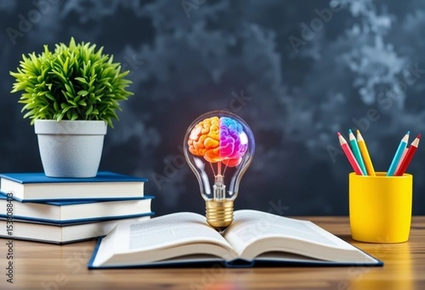 Obraz Colorful Brain Inside Light Bulb on Open Book with Pencils and Plant Education Concept