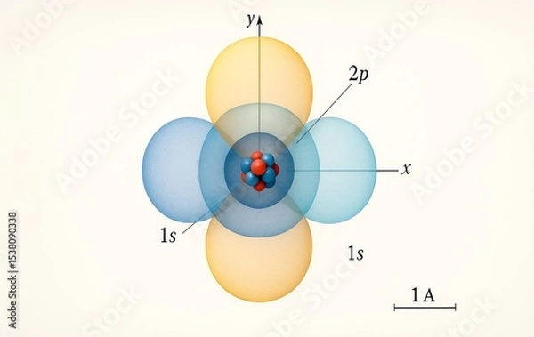 Fototapeta Electron cloud and atomic orbitals. Visualization of electron shells and nucleus interaction
