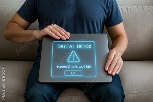 Fototapeta Digital detox warning. Laptop showing screen time alert with glowing UI