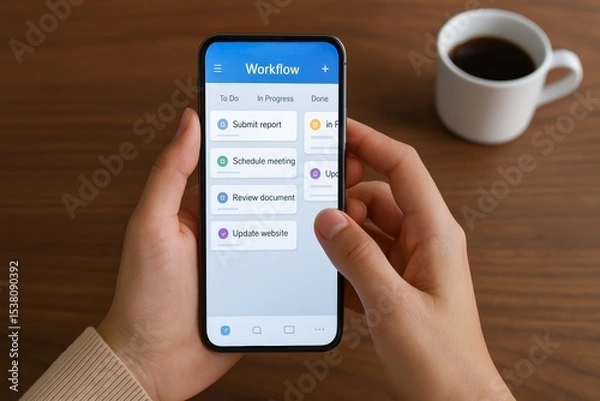 Fototapeta Task manager app. Workflow interface on smartphone with organized to-do list.
