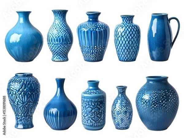 Fototapeta A collection of ten blue ceramic vases with different shapes and textures on a white background display art