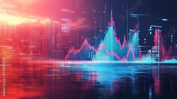 Fototapeta Chaotic global trade concept with swirling storm cloud above volatile financial charts, spinning shipping icons, and foggy outlook symbolizing unstable economy and uncertain market conditions

