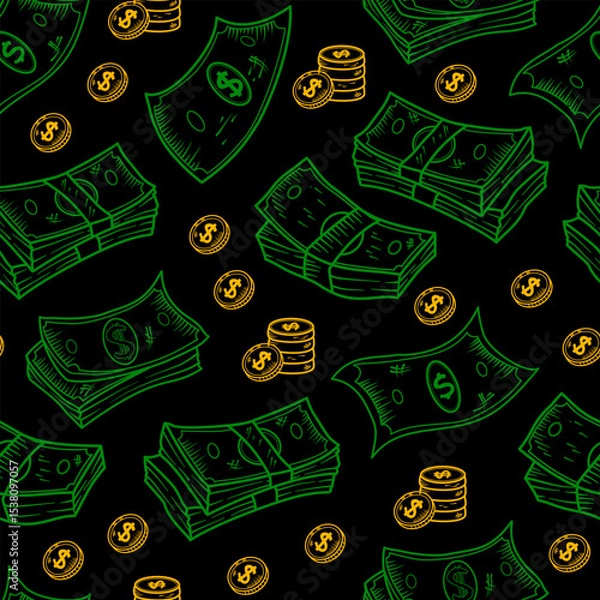 Obraz US dollar pattern background. Seamless pattern of the symbols of dollar currency background. Dollar sign pattern background. Dollar Doodle seamless pattern background. 