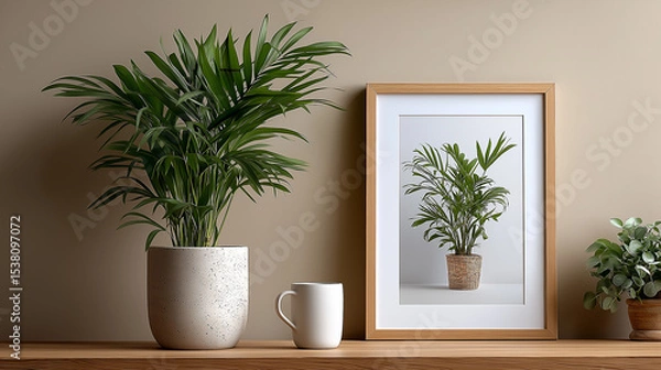 Fototapeta Empty natural wood frame against simple beige backdrop, perfect for posters, prints, or lifestyle branding, wooden frame, mockup, minimalist decor, beige background, interior design, wall art, poste

